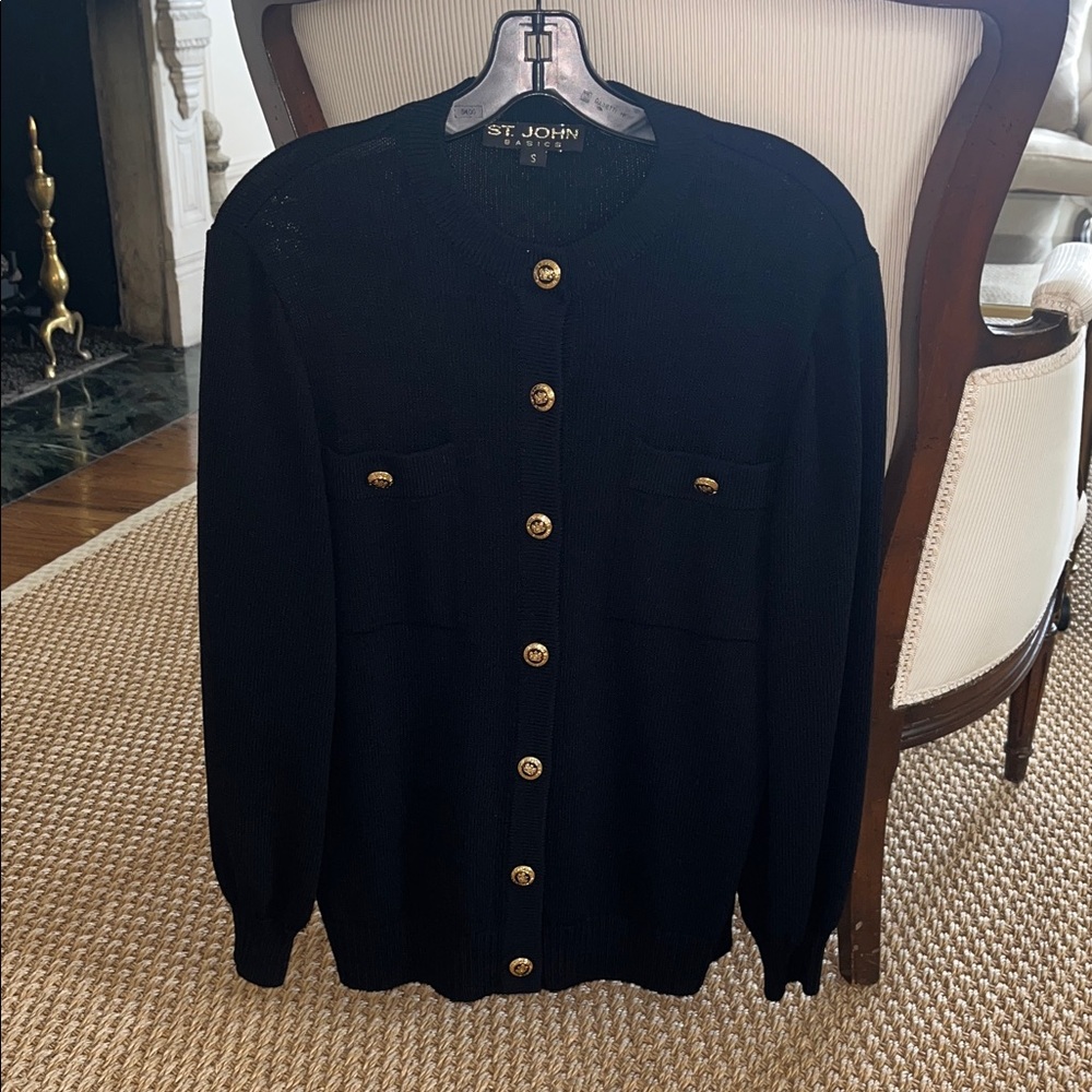St. John Black Knit Cardigan with Gold Buttons